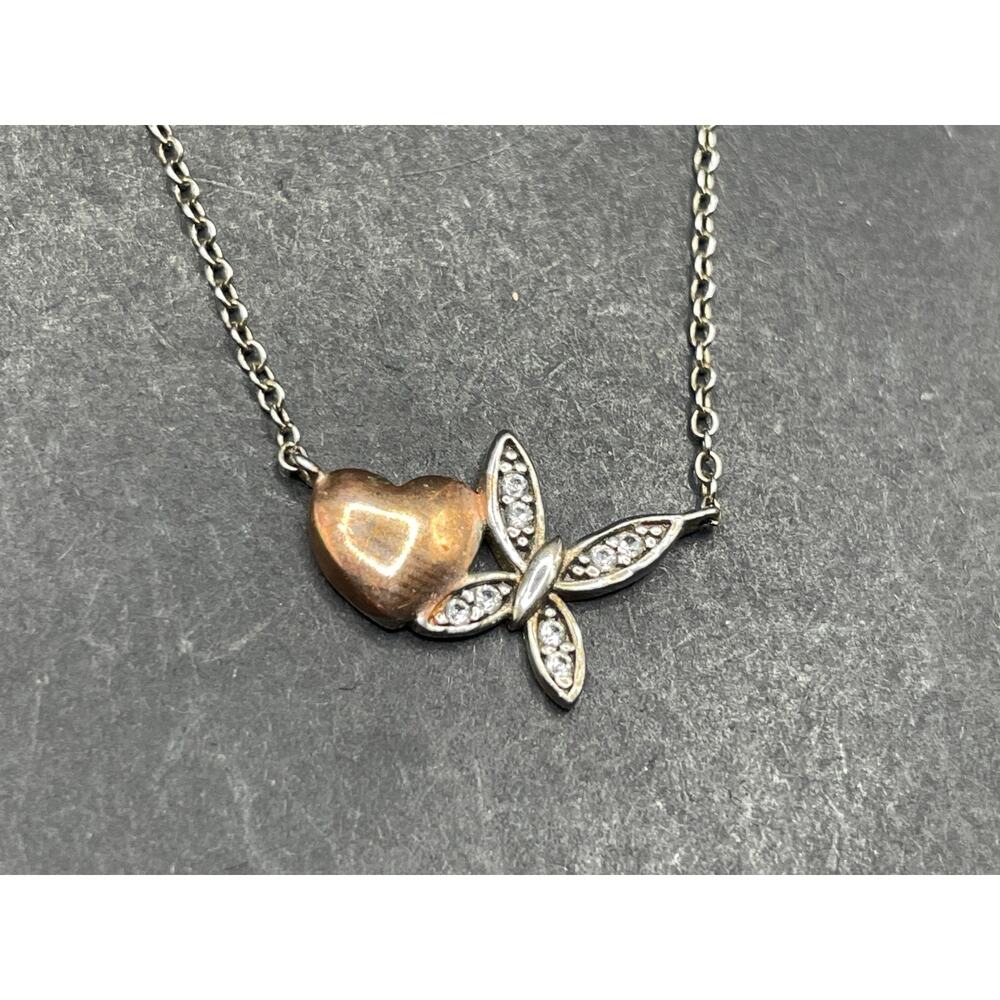 LA CN Sterling Silver 925 Heart & Butterfly Pendant Chain Link Necklace 17.5"